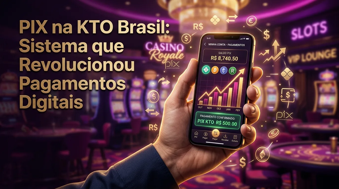 Mão segurando smartphone exibindo pagamentos PIX digitais no KTO.