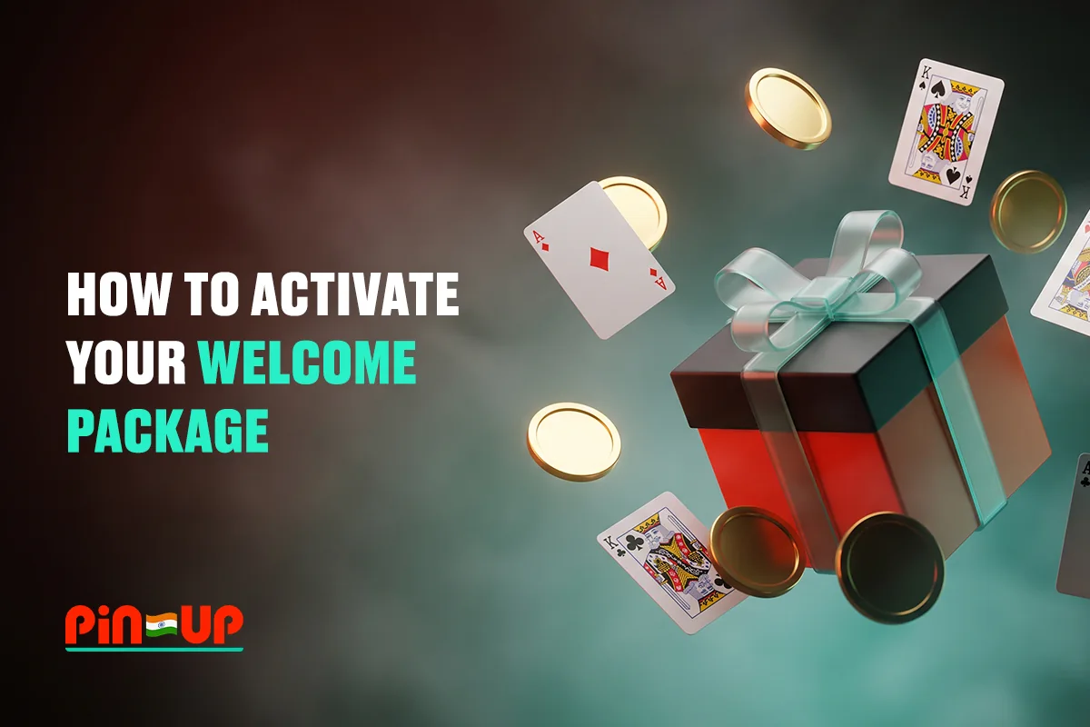 Gift box with cards and coins for welcome bonus activation.